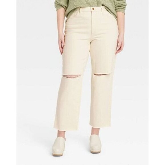Universal Thread Jeans Womens 17 Ivory White Vintage Straight Ripped Cropped - Picture 1 of 10